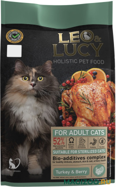 Сухой корм LEO&LUCY HOLISTIC для взрослых кастрированных котов и стерилизованных кошек с индейкой, ягодами и биодобавками (0,4 кг)