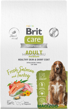 Сухой корм BRIT CARE DOG ADULT MEDIUM HEALTHY SKIN & SHINY COAT для взрослых собак средних пород при аллергии с лососем и индейкой (12 кг)