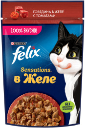 FELIX SENSATIONS для взрослых кошек с говядиной в желе с томатами пауч (75 гр)