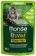 MONGE BWILD GRAIN FREE CAT STERILISED беззерновые взрослых кастрированных котов и стерилизованных кошек с мясом дикого кабана и овощами в соусе пауч (85 гр)