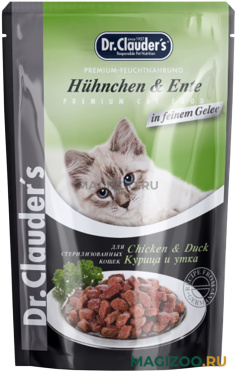 Влажный корм (консервы) DR.CLAUDER’S для взрослых кастрированных котов и стерилизованных кошек с курицей и уткой в желе пауч (85 гр)