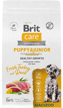 Сухой корм BRIT CARE DOG PUPPY & JUNIOR MEDIUM HEALTHY GROWTH для щенков средних пород с индейкой и уткой (1,5 кг)