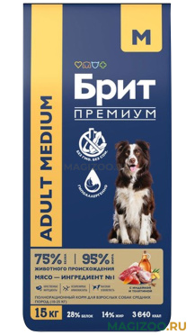 Сухой корм БРИТ ПРЕМИУМ DOG ADULT MEDIUM для взрослых собак средних пород с индейкой и телятиной (15 кг)