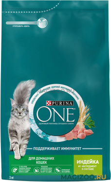 Сухой корм PURINA ONE для взрослых кошек, живущих дома, с индейкой и цельными злаками (3 кг)