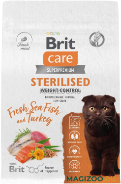 Сухой корм BRIT CARE CAT STERILISED WEIGHT CONTROL диетический для кастрированных котов и стерилизованных кошек с морской рыбой и индейкой (1,5 кг)