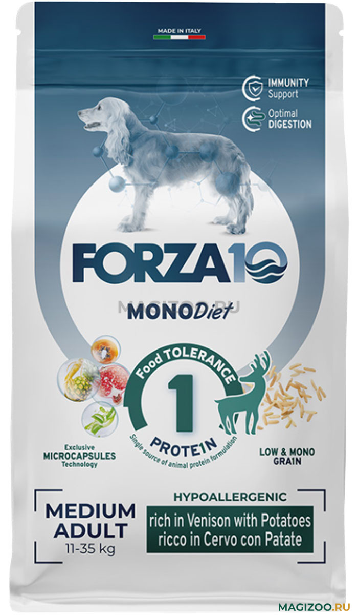 Сухой корм FORZA10 DOG MEDIUM DIET монобелковый для взрослых собак средних  пород при аллергии с олениной и картофелем (1,5 кг) — купить за 1 437 ₽,  быстрая доставка из интернет-магазина по Москве