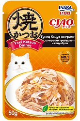 INABA CIAO YAKI KATSUO DINNER для взрослых кошек с тунцом Кацуо на гриле, морским гребешком и кацуобуси в соусе пауч (50 гр)