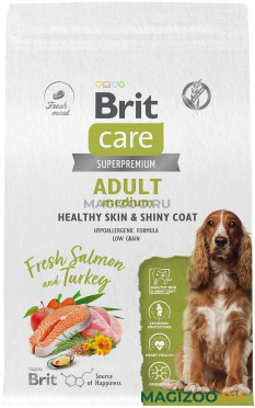 Сухой корм BRIT CARE DOG ADULT MEDIUM HEALTHY SKIN & SHINY COAT для взрослых собак средних пород при аллергии с лососем и индейкой (3 кг)