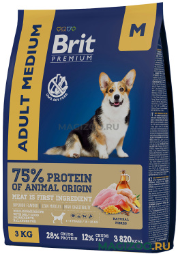 Сухой корм BRIT PREMIUM DOG ADULT MEDIUM для взрослых собак средних пород с курицей (3 кг)