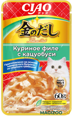 Влажный корм (консервы) INABA KINNODASHI для взрослых кошек с куриным филе и стружкой тунца в желе пауч (60 гр)