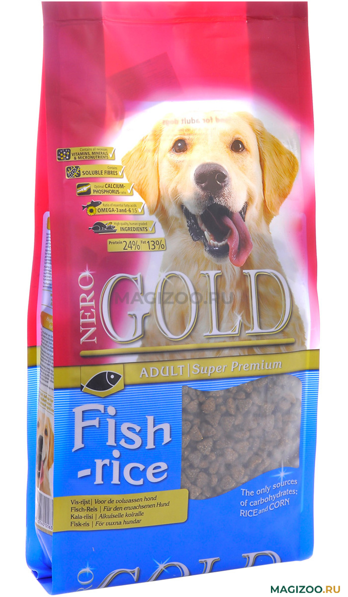 Сухой корм NERO GOLD DOG ADULT FISH & RICE для взрослых собак всех пород  рыбный коктейль с рисом и овощами (2,5 кг) — купить за 1 433 ₽, быстрая  доставка из интернет-магазина по Москве