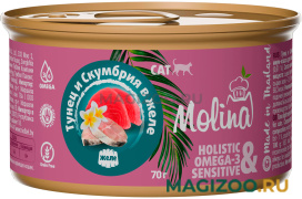 Влажный корм (консервы) MOLINA для взрослых кошек с тунцом и скумбрией в желе (70 гр)