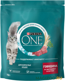 Сухой корм PURINA ONE для взрослых кошек с говядиной и злаками (0,75 кг)