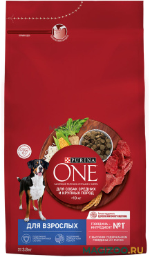 Сухой корм PURINA ONE для взрослых собак средних и крупных пород с говядиной и рисом (3,8 кг)