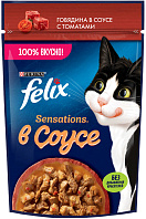 FELIX SENSATIONS для взрослых кошек с говядиной в соусе с томатами пауч (75 гр)