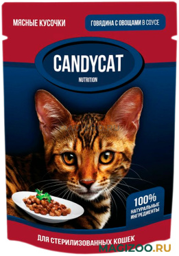 Влажный корм (консервы) CANDYCAT для кастрированных котов и стерилизованных кошек с говядиной и овощами в соусе пауч (85 гр)