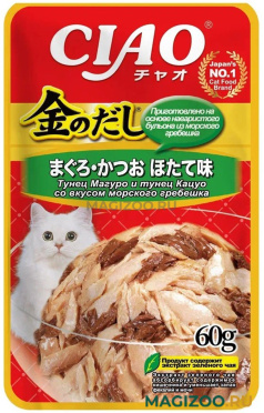 Влажный корм (консервы) INABA CIAO KINNODASHI для взрослых кошек с тунцом Магуро, тунцом Кацуо и морским гребешком пауч (60 гр)