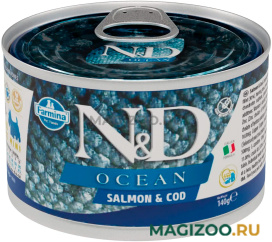 Влажный корм (консервы) FARMINA DOG N&D OCEAN ADULT MINI SALMON & COD беззерновые для взрослых собак маленьких пород с лососем и треской  (140 гр)