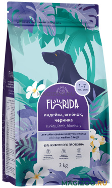 Сухой корм FLORIDA для взрослых собак средних и крупных пород с индейкой, ягненком и черникой (3 кг)