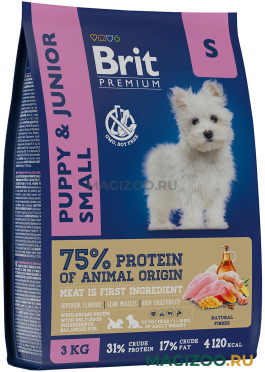 Сухой корм BRIT PREMIUM DOG PUPPY & JUNIOR SMALL для щенков и молодых собак маленьких пород с курицей (3 кг)