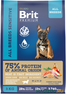 Сухой корм BRIT PREMIUM DOG ADULT SENSITIVE для взрослых собак всех пород с чувствительным пищеварением с лососем и индейкой (3 кг)