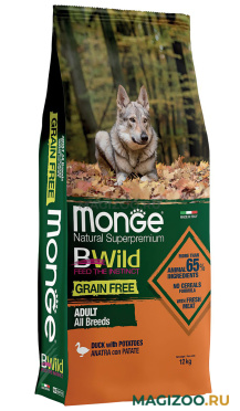 Сухой корм MONGE BWILD GRAIN FREE DOG ADULT ALL BREEDS DUCK беззерновой для взрослых собак всех пород с уткой и картофелем (12 кг)