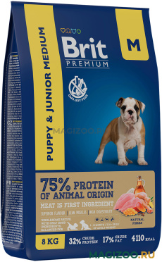 Сухой корм BRIT PREMIUM DOG PUPPY & JUNIOR MEDIUM для щенков и молодых собак средних пород с курицей (8 кг)