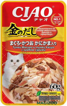 Влажный корм (консервы) INABA CIAO KINNODASHI для взрослых кошек с тунцом Магуро, тунцом Кацуо и крабом сурими пауч (60 гр)