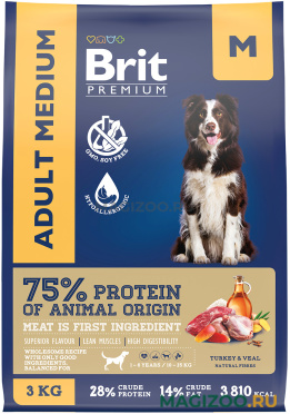 Сухой корм BRIT PREMIUM DOG ADULT MEDIUM для взрослых собак средних пород с индейкой и телятиной (3 кг)