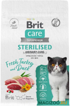 Сухой корм BRIT CARE CAT STERILISED URINARY CARE для взрослых кастрированных котов и стерилизованных кошек для профилактики мочекаменной болезни с индейкой и уткой (0,4 кг)