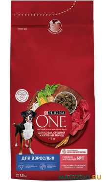 Сухой корм PURINA ONE для взрослых собак средних и крупных пород с говядиной и рисом (1,8 кг)