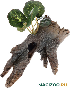 Декор грот для аквариума Коряга с растением, 14,5 х 8,5 х 12,5 см, BARBUS, Decor 022 (1 шт)
