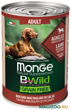 Влажный корм (консервы) MONGE BWILD ADULT DOG GRAINFREE беззерновые для взрослых собак с ягненком, тыквой и кабачками (400 гр)
