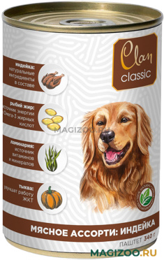 Влажный корм (консервы) CLAN CLASSIC МЯСНОЕ АССОРТИ для взрослых собак с индейкой (340 гр)