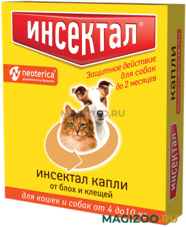 ИНСЕКТАЛ капли для взрослых собак и кошек весом от 4 до 10 кг против клещей и блох (1 пипетка)