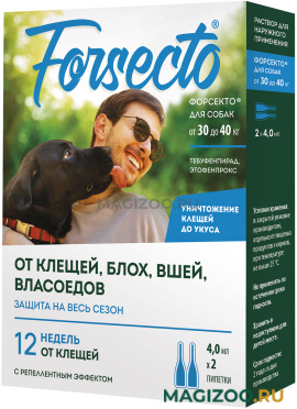 ФОРСЕКТО капли для собак и щенков весом от 30 до 40 кг против клещей и блох уп.2 пипетки по 4,0 мг Астрафарм (1 уп)