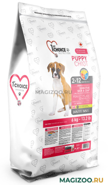 Сухой корм 1ST CHOICE PUPPY ALL BREEDS SENSITIVE SKIN & COAT для щенков всех пород при аллергии с ягненком, рыбой и рисом (6 кг)