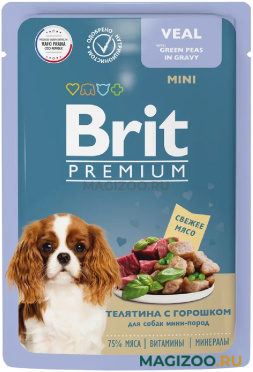 Влажный корм (консервы) BRIT PREMIUM DOG MINI VEAL & GREEN PEAS для взрослых собак маленьких пород с телятиной и зеленым горошком в соусе пауч (85 гр)