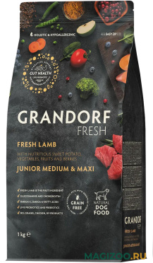 Сухой корм GRANDORF FRESH GRAIN FREE JUNIOR MEDIUM & MAXI LAMB & SWEET POTATO беззерновой для юниоров средних и крупных пород, беременных и кормящих сук с ягненком и бататом (1 кг)