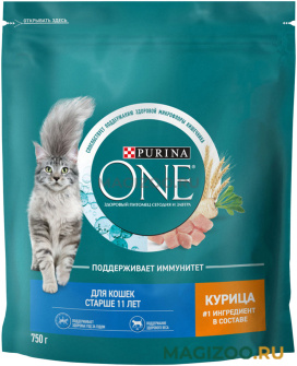 Сухой корм PURINA ONE для пожилых кошек старше 11 лет с курицей и цельными злаками (0,75 кг)