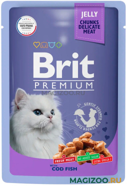 Влажный корм (консервы) BRIT PREMIUM для взрослых кошек c треской в желе пауч (85 гр)