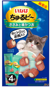 Лакомство INABA CIAO CHURU BEE для взрослых кошек запеченные трубочки с куриным филе и пюре полосатого тунца 40 гр (1 шт)