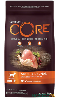 Сухой корм CORE ORIGINAL DOG ADULT беззерновой для взрослых собак всех пород с индейкой и курицей (1,8 кг)