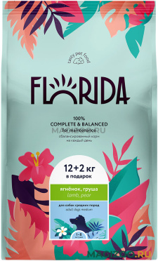 Сухой корм FLORIDA для взрослых собак средних пород с ягненком и грушей (12 + 2 кг УЦ)