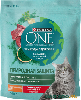 Сухой корм PURINA ONE ПРИРОДА ЗДОРОВЬЯ для взрослых стерилизованных кошек и кастрированных котов с говядиной и спирулиной (0,68 кг)
