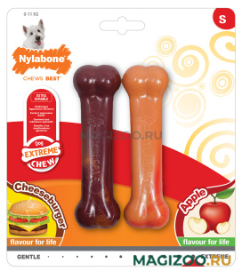 Игрушка для собак Nylabone Extreme Chew Twin Pack Cheeseburger and Apple Flavour косточки экстра-жесткие с ароматом чизбургера и яблока S 2 шт (1 шт)