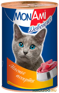 Влажный корм (консервы) MON AMI для взрослых кошек с мясным ассорти (350 гр УЦ)