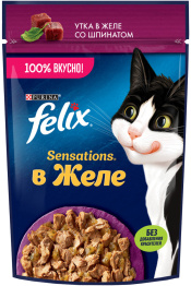 FELIX SENSATIONS для взрослых кошек с уткой в желе со шпинатом пауч (75 гр)
