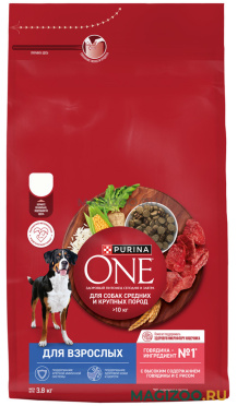 Сухой корм PURINA ONE для взрослых собак средних и крупных пород с говядиной и рисом (3,8 кг)
