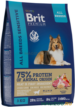 Сухой корм BRIT PREMIUM DOG ADULT SENSITIVE для взрослых собак всех пород с чувствительным пищеварением с ягненком и индейкой (3 кг)